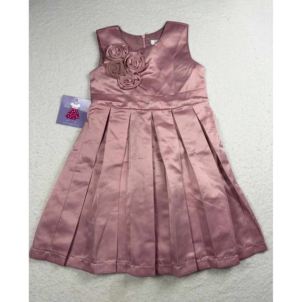 Joe Ella Girls Pink Satin Rosette Pleated Formal Dress Alice Blusa Size 4 NWT